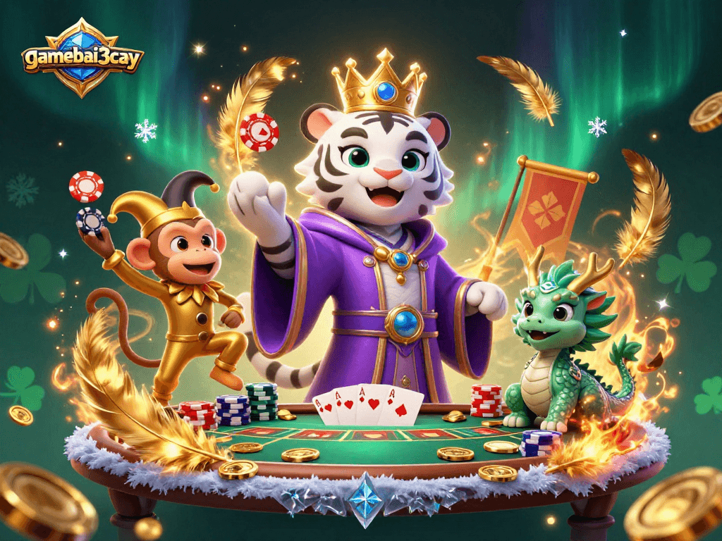 Engage with gamebai3cay's vibrant casino scene featuring a royal tiger, monkey, and jade dragon.