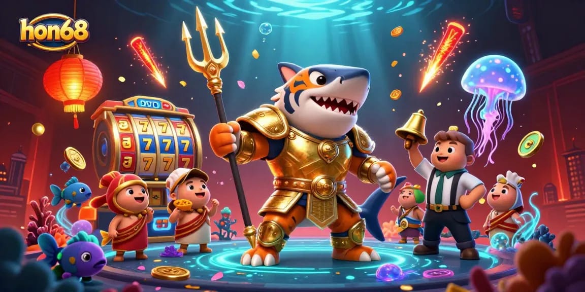 Experience thrilling gaming action at hon68 with a dynamic underwater colosseum illustration featuring a golden gladiator tiger shark.