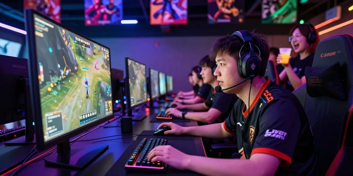 Exciting esports event featuring player focused on lucky77 match with RGB lighting and cheering crowd.