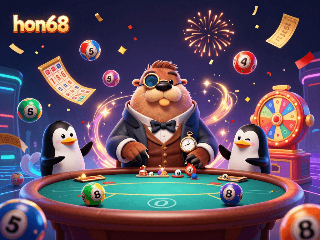 hon68 gaming scene showcases a jolly walrus at an underwater poker table with colorful lottery elements bursting outward.