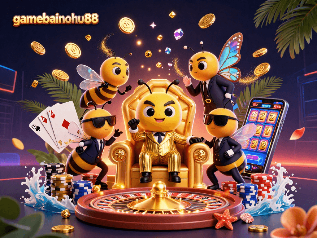 Experience the excitement of gamebainohu88 with triumphant characters amidst sparkling casino elements.