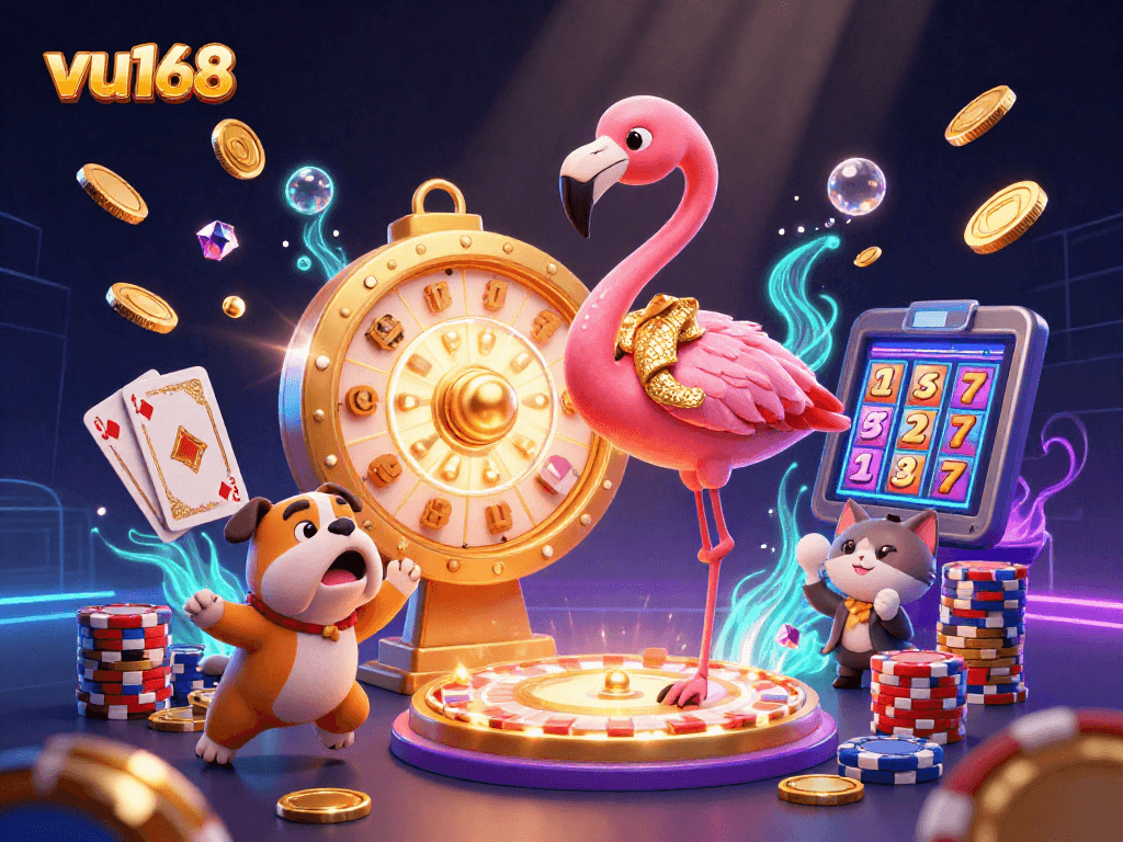 Experience the excitement of vu168 with a game show scene featuring vibrant casino elements and joyful characters.