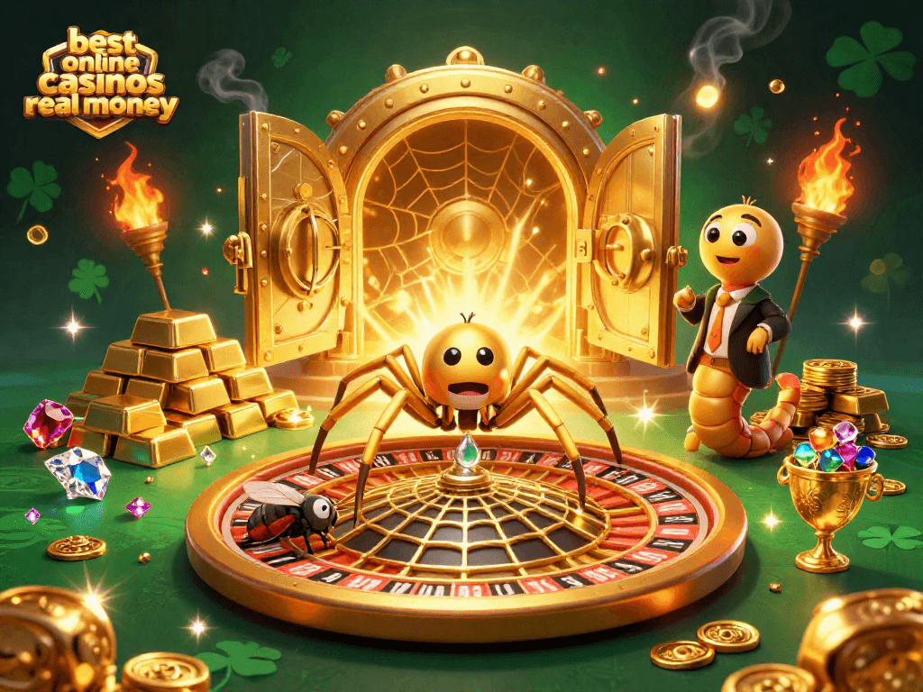 Bet at the best online casinos real money with vibrant 3D casino art featuring a golden spider and gems.