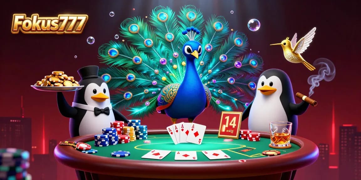Experience the vibrant energy of Fokus777 with this captivating illustration showcasing poker elements and dynamic characters.