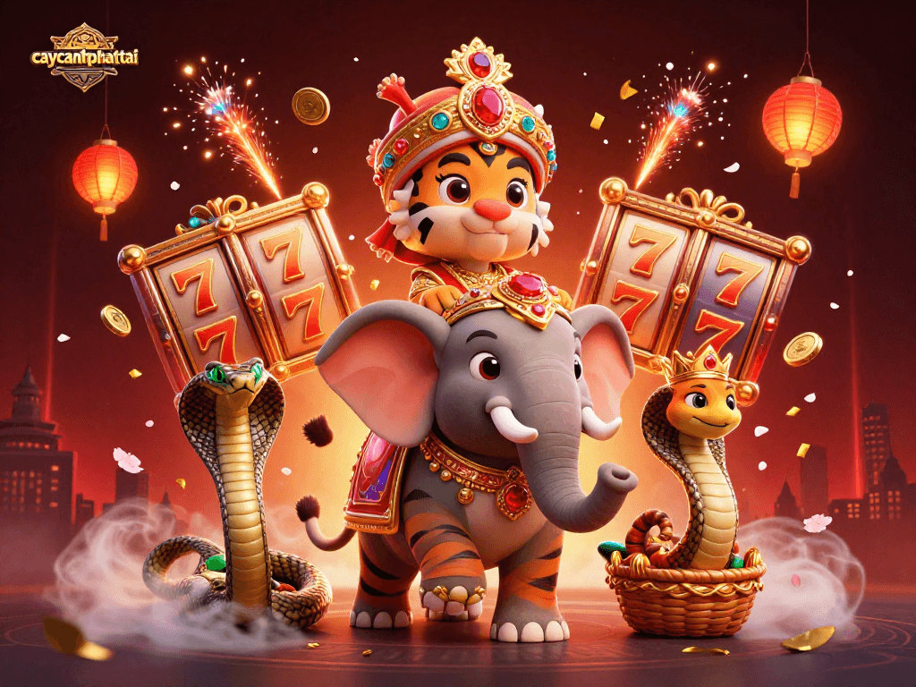 Experience excitement in caycanhphattai with the vibrant 3D illustration featuring dynamic slot game elements.