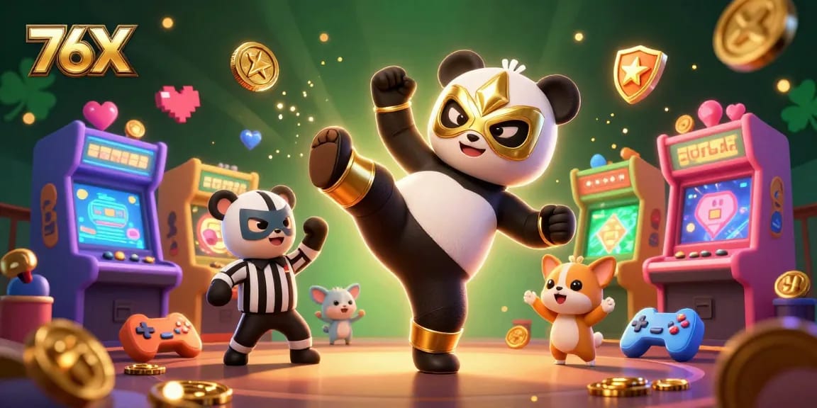 O 76X traz emoção com um panda lutador e um chihuahua em contagem, em uma cena vibrante de cassino.