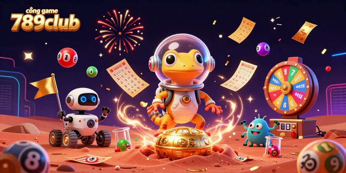 Engage with the exciting cổng game 789club showcasing a vibrant 3D Martian scene filled with casino elements.