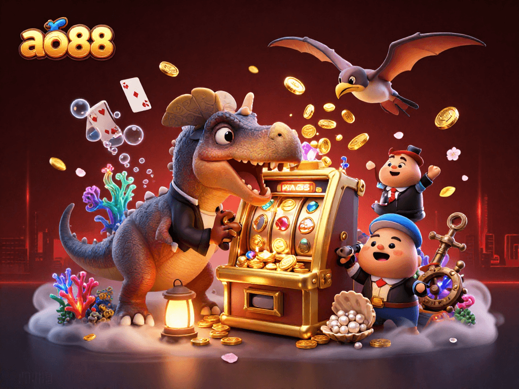 Experience excitement at ao88 as a pachycephalosaurus wins jackpots, surrounded by dynamic casino elements.