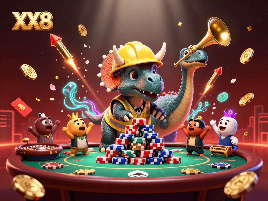 Experience an energetic poker night at XX8 with dynamic characters, chips, and vibrant casino elements