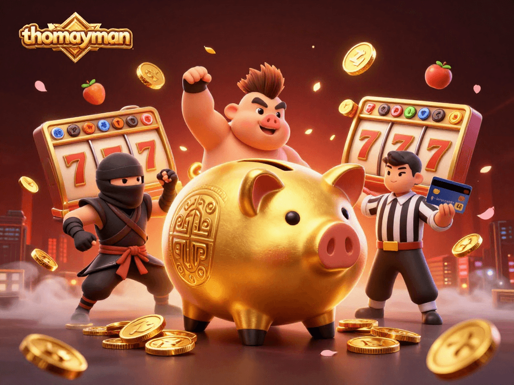Thomayman offers thrilling slot action with golden piggy bank and vibrant symbols.