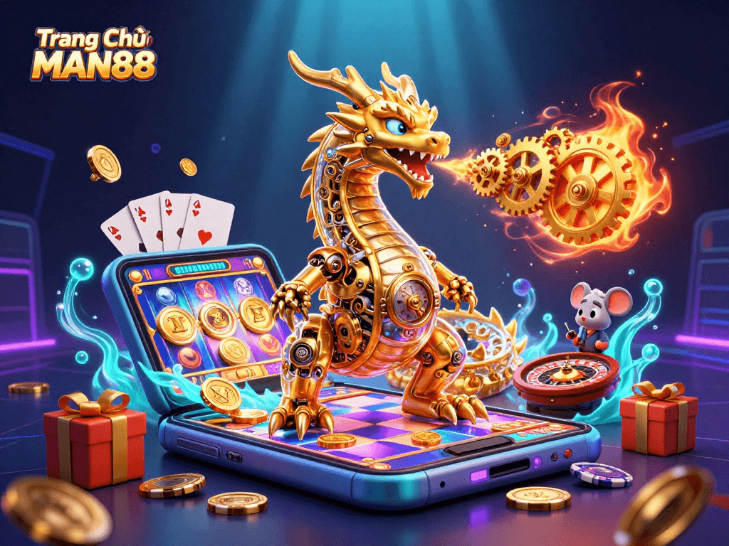 Engage with exciting gameplay at Trang Chủ MAN88, featuring a golden dragon amidst casino elements.
