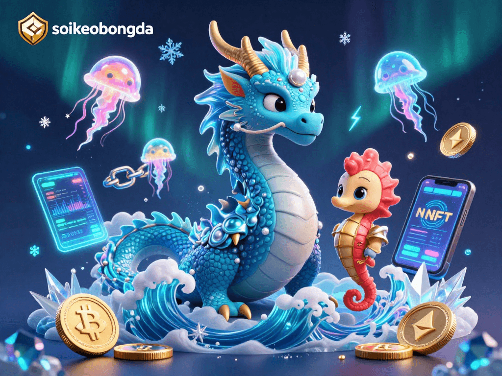 Experience the excitement of soikeobongda with captivating 3D illustrations featuring dragons and crypto elements.