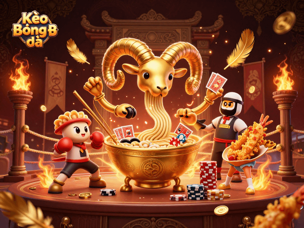 Kèo Bóng Đá action scene with a giant ramen bowl dealing cards in a vibrant casino atmosphere
