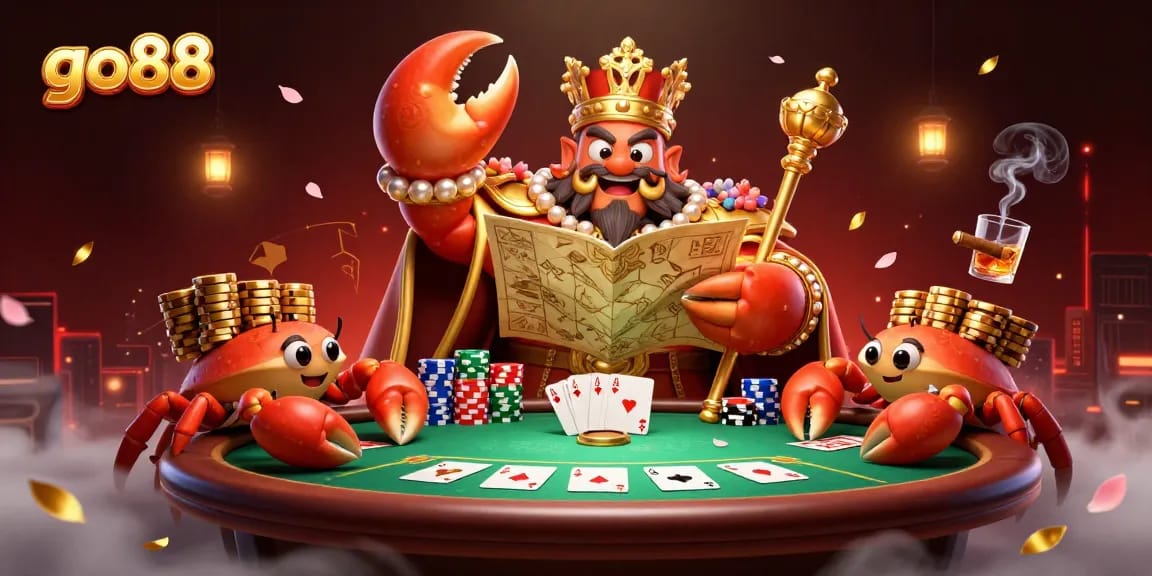 Experience the excitement at go88 with a vibrant poker scene featuring a golden crab emperor and animated characters.
