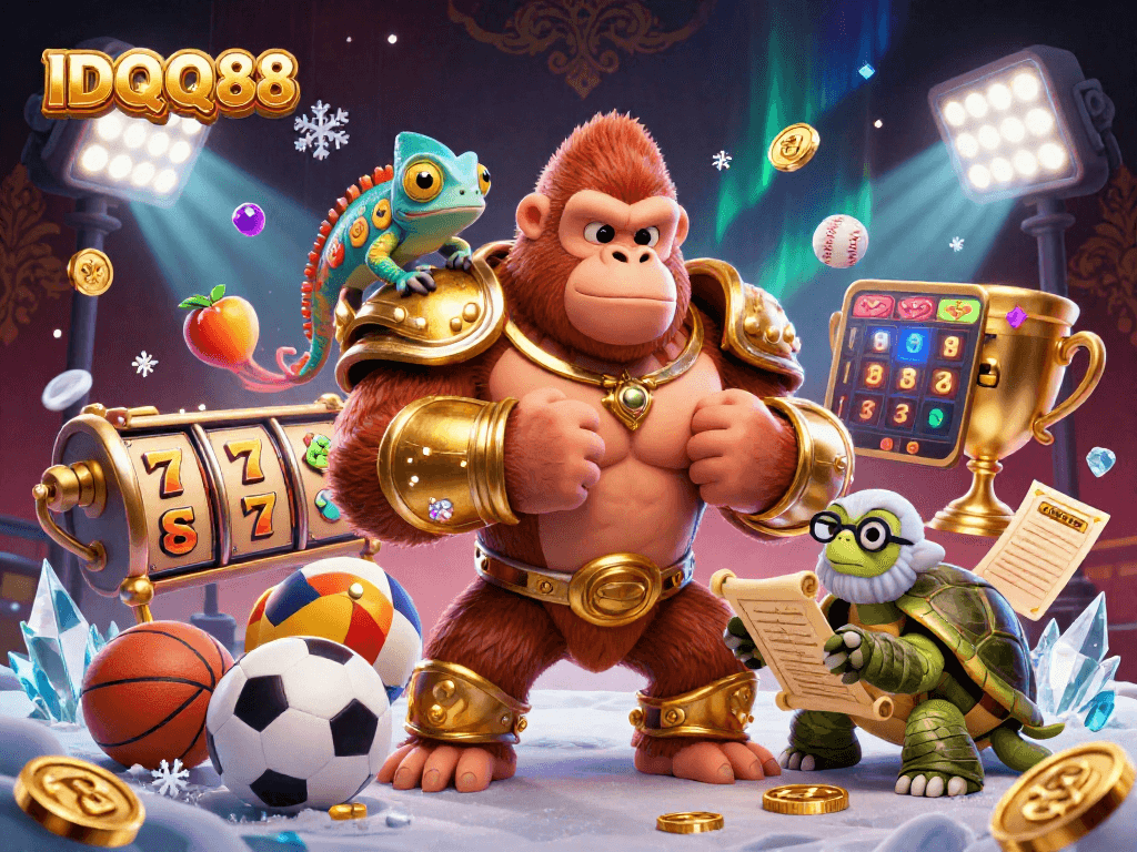 Experience thrilling gameplay at IDQQ88 with golden jackpots and 3D characters creating an engaging casino scene.