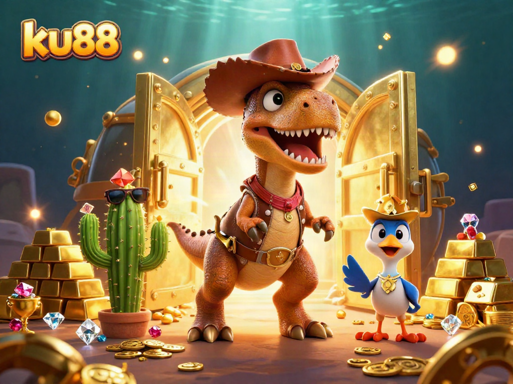 ku88 engages players with a vibrant 3D gambling scene featuring a cartoon T-Rex and treasures