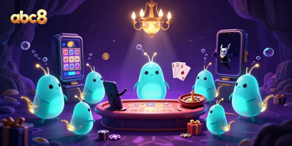 Enjoy the captivating ambiance of abc8's glowworm casino, featuring dynamic gaming elements like slot games and poker cards.