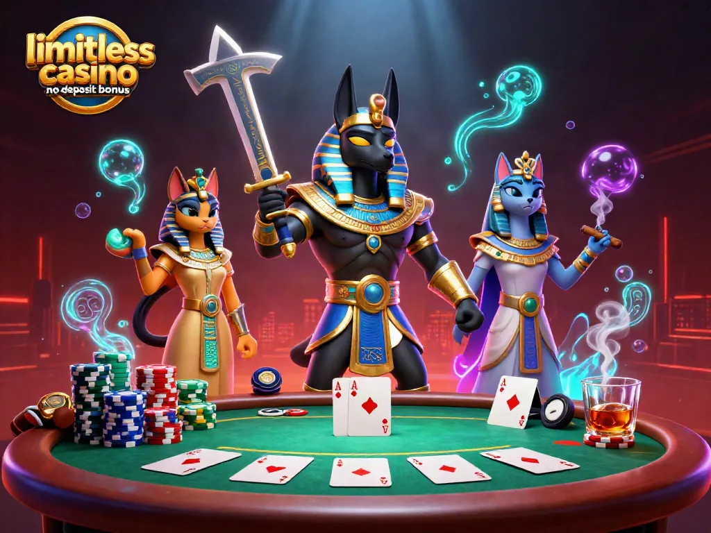 Engage with limitless casino no deposit bonus through an exciting 3D scene featuring Anubis and Bastet.