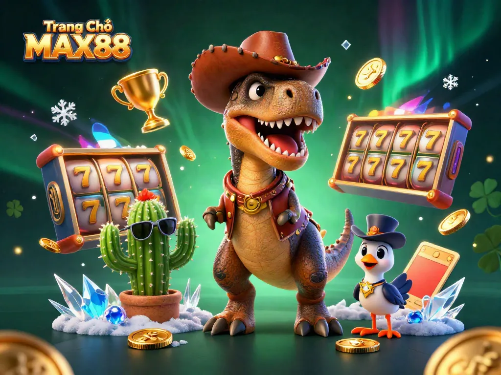 Engage with the immersive world of Trang Chủ MAX88, featuring a T-Rex, cactus sidekick, and roadrunner in a vibrant casino setting.