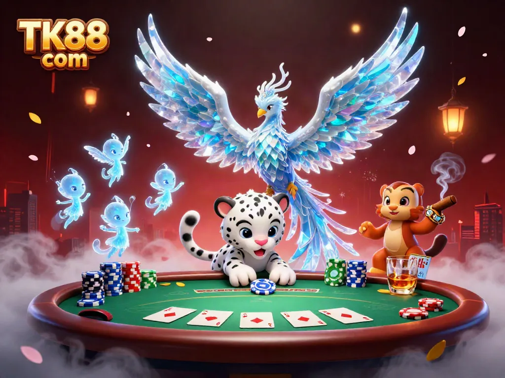 Experience thrilling poker action with TK88 com in a vibrant casino scene featuring dynamic characters and game elements.