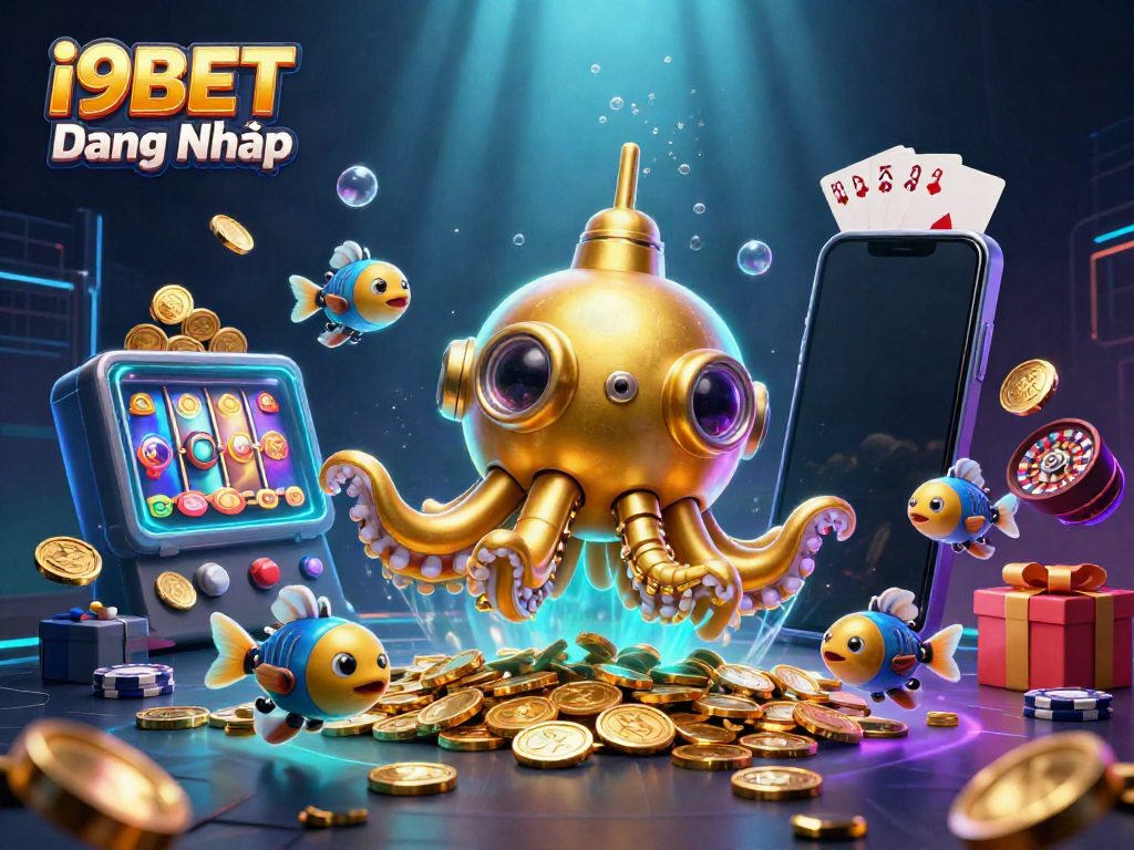 Engage with i9BET Đăng Nhập through an exciting 3D illustration of a golden kraken submarine amidst gambling elements and treasures.