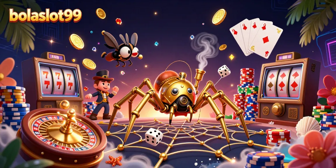 Bolaslot99 showcases a vibrant 3D casino scene with a steampunk spider and sparkling elements.