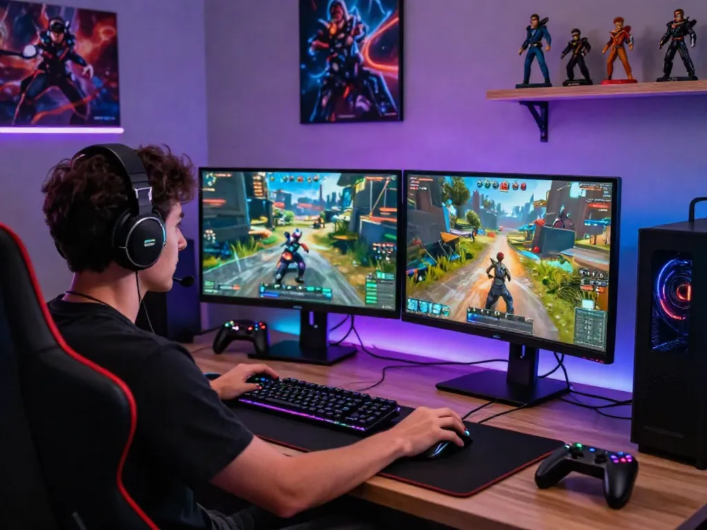 Gamer engaged in qqmacan online gaming with dual monitors, RGB lighting, and gaming gear in a dynamic setup.