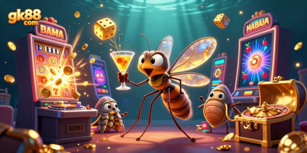Join the excitement at gk88 com with a lively 3D casino scene featuring animated characters and game elements.