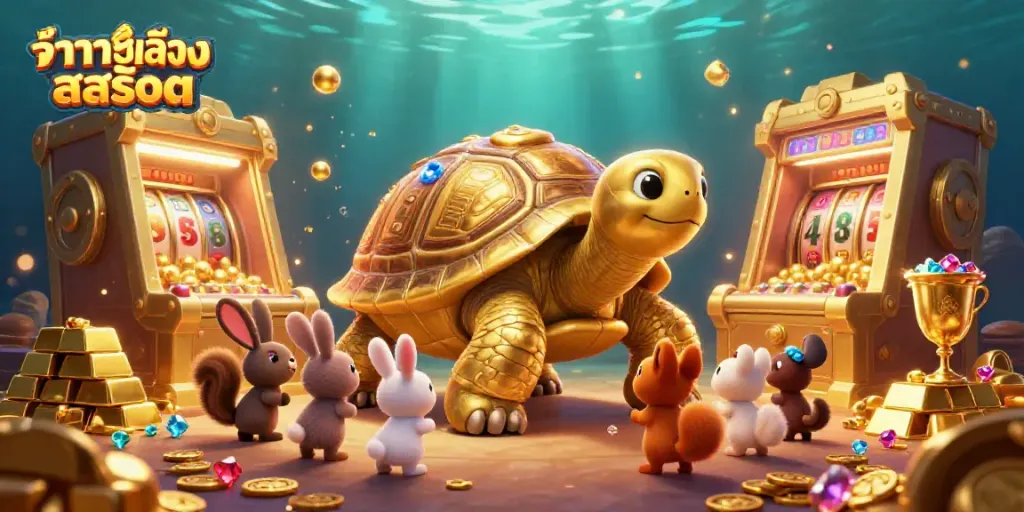 ทดลองเล่นสล็อต ในภาพ 3D สุดมันส์กับเต่าทองที่เป็นเครื่องสล็อต พร้อมหีบสมบัติและสัตว์น้อยรอตาว