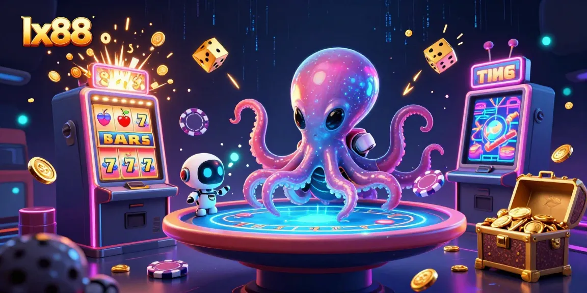 Experience exciting gameplay with lx88 through an alien octopus and robot at a holographic poker table amidst a game explosion.