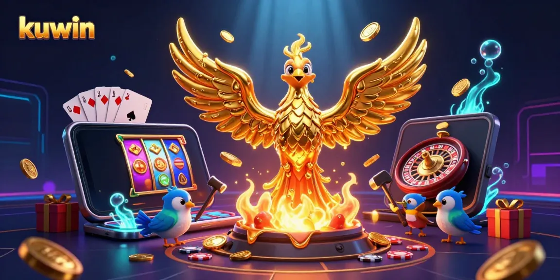 Kuwin players enjoying a dynamic gaming experience with golden rewards and vibrant casino elements.