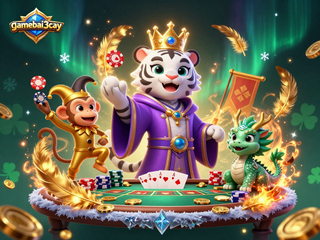 Engage with gamebai3cay's vibrant casino scene featuring a royal tiger, monkey, and jade dragon.