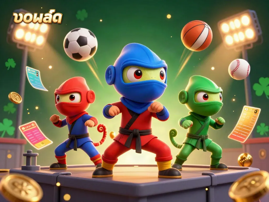 Watch the thrilling action of บอลสด where animated chameleons bring excitement to sports betting, surrounded by dynamic visuals.