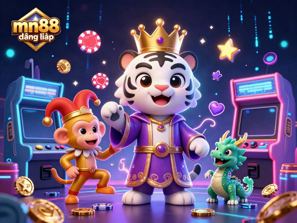 Experience the vibrant energy of mn88 đăng nhập where a 3D tiger, monkey, and dragon bring casino gaming to life.