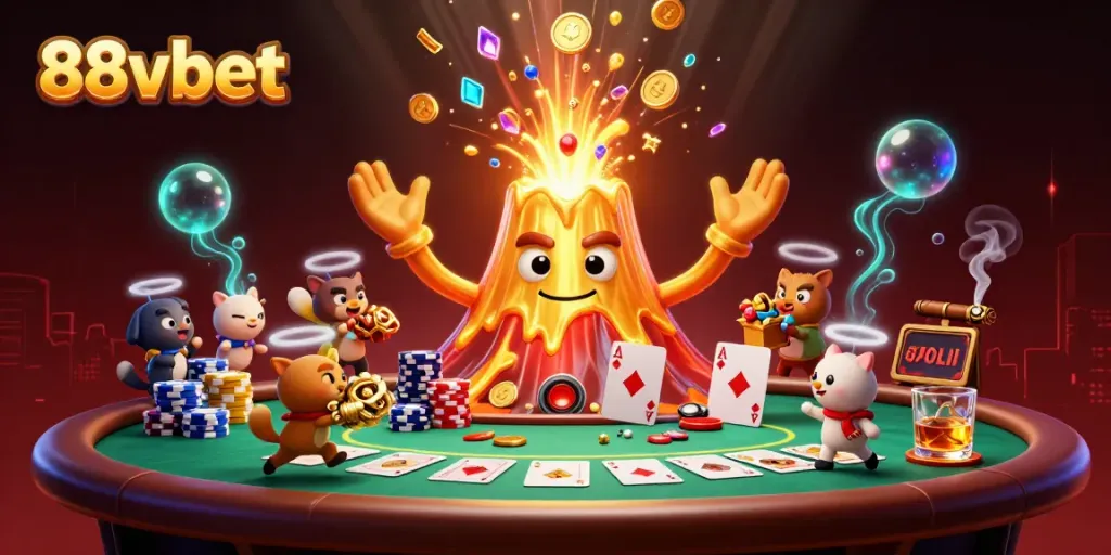 Experience the thrill of winning with 88vbet's vibrant 3D casino illustration featuring gold treasures and poker excitement.