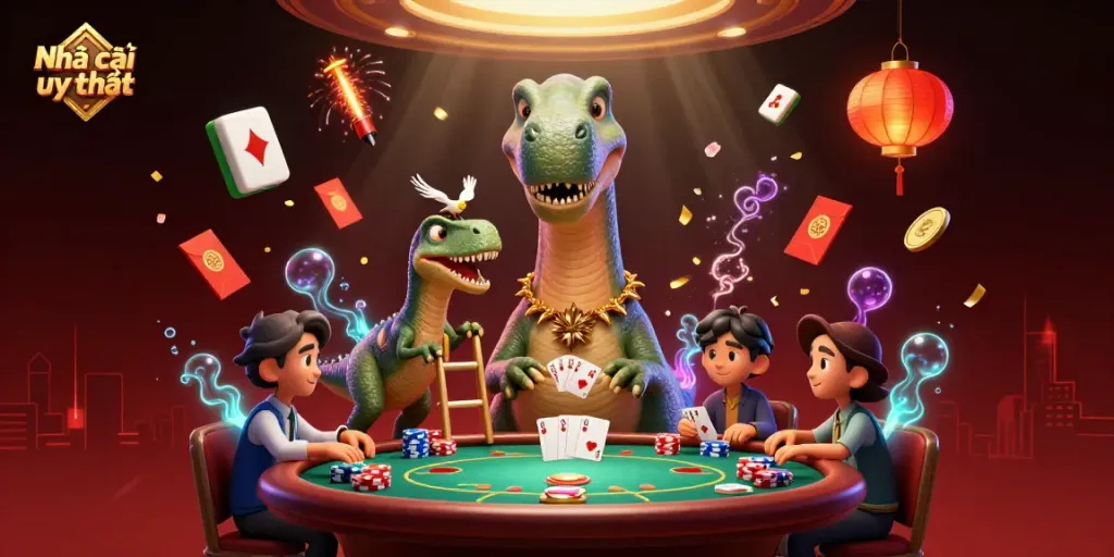 Engage with Nhà cái uy tín as a massive brontosaurus oversees a dynamic poker game filled with festive elements.