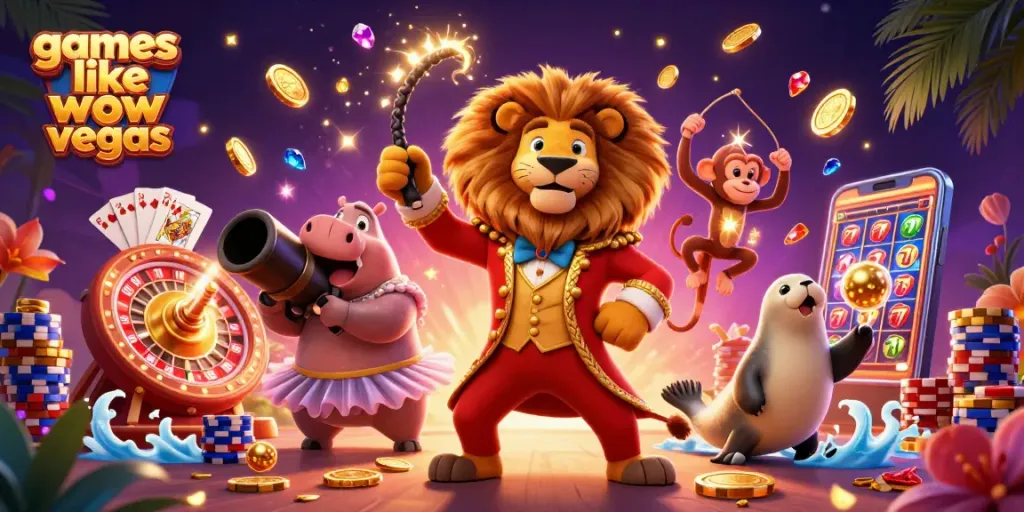 Play exciting games like wow vegas with golden coins and slot reels in this vibrant casino scene.