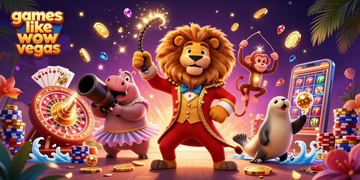 Play exciting games like wow vegas with golden coins and slot reels in this vibrant casino scene.