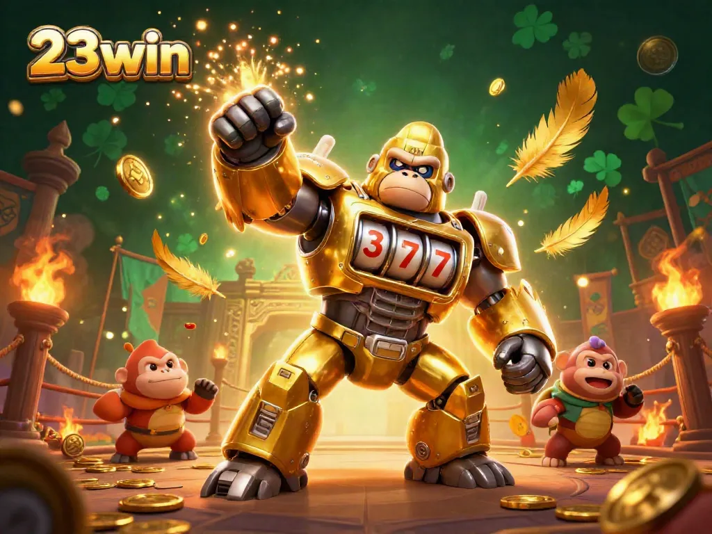 Engage with the thrilling energy of 23win through a vibrant 3D casino mech scene.