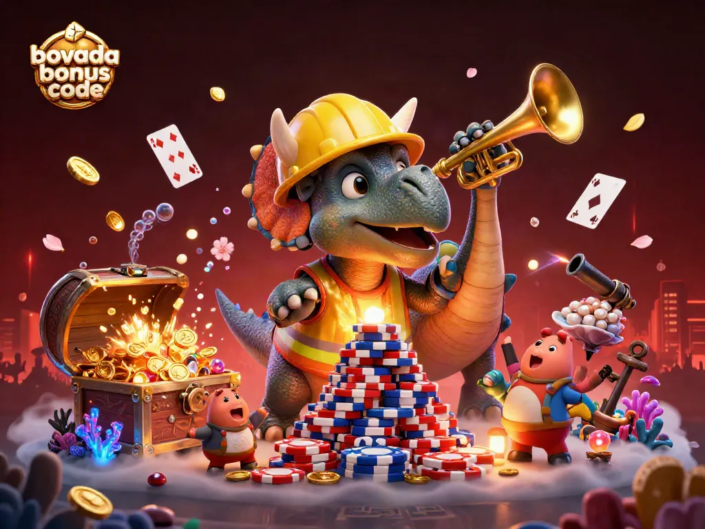 Engage with the exciting world of Bovada bonus codes while a triceratops builds a poker chip pyramid.