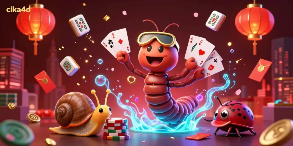 Experience cika4d with a lively scene featuring a millipede dealer and vibrant casino elements.