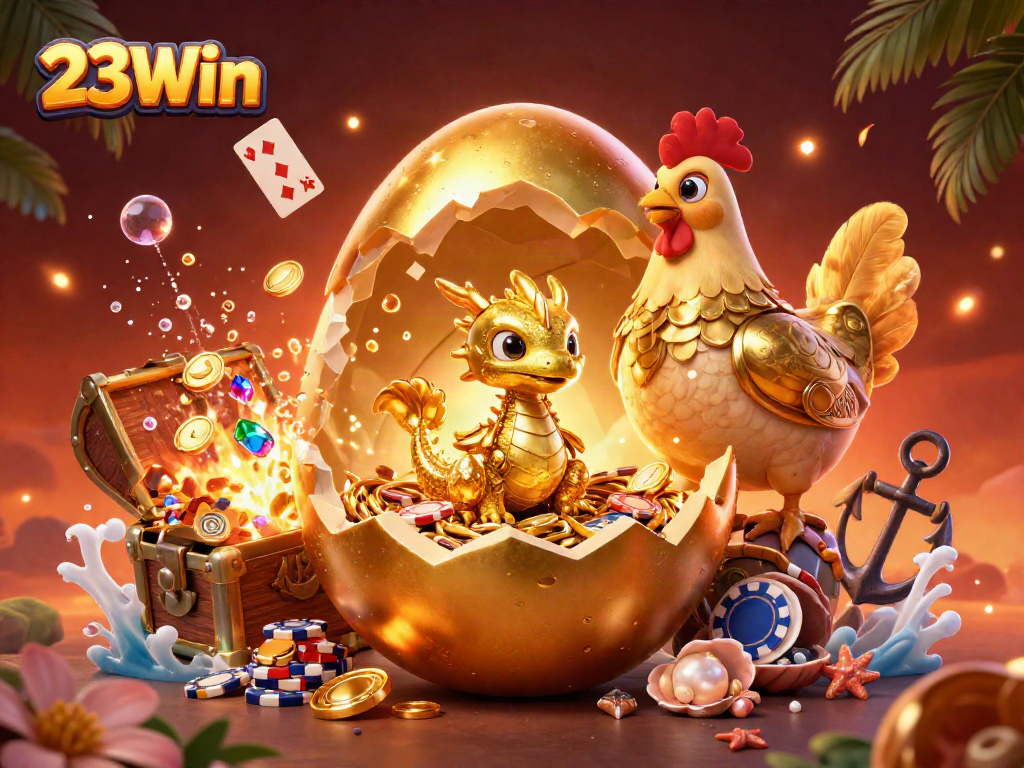 Experience thrilling wins with the vibrant 23Win casino scene, showcasing golden treasures and animated characters.
