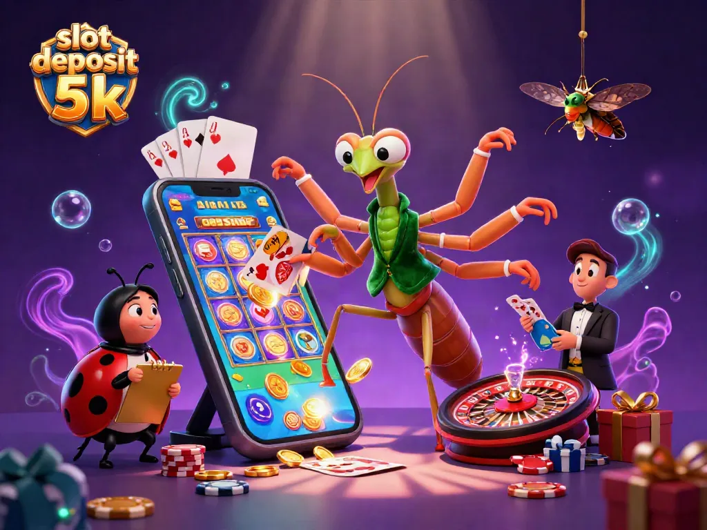 Experience the excitement of slot deposit 5k with vibrant characters engaging in gambling actions.