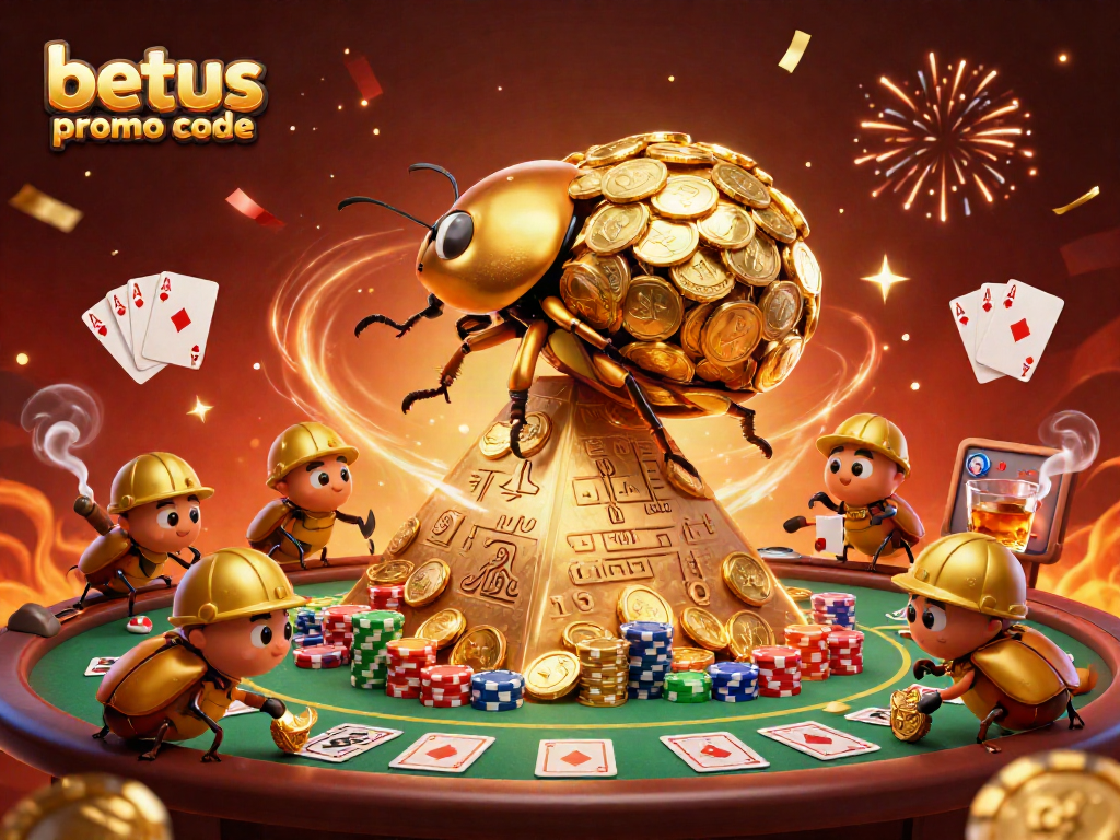 Engage with the latest betus promo code offers in a dynamic casino-themed scene featuring beetles and poker elements.