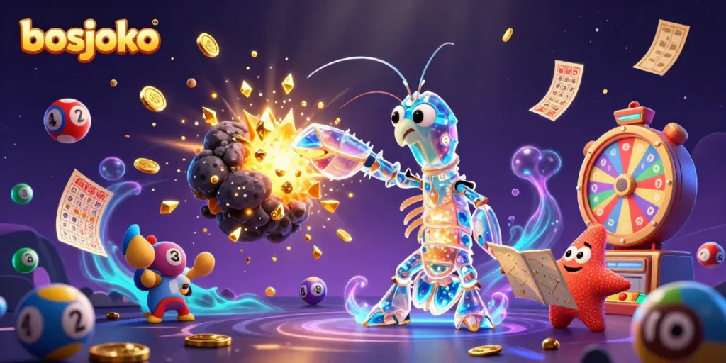 Engage with bosjoko's vibrant lottery scene featuring colorful balls, sparkling gems, and a dynamic shrimp hero.