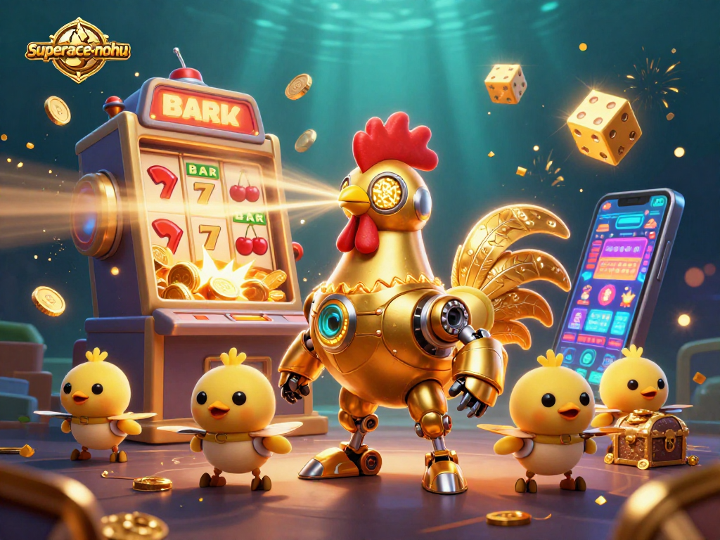 Superace-nohu players enjoy jackpot slots with golden rooster robot and baby chick drones.