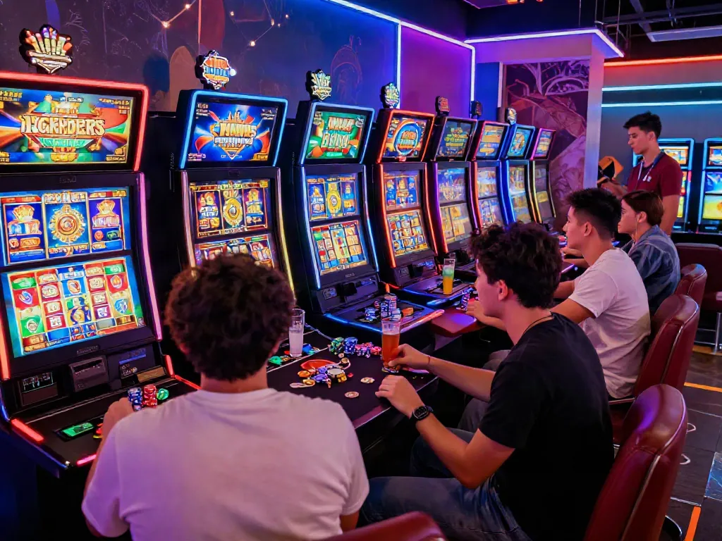 Exciting gaming scene with friends enjoying สล็อต machines in a vibrant lounge atmosphere.