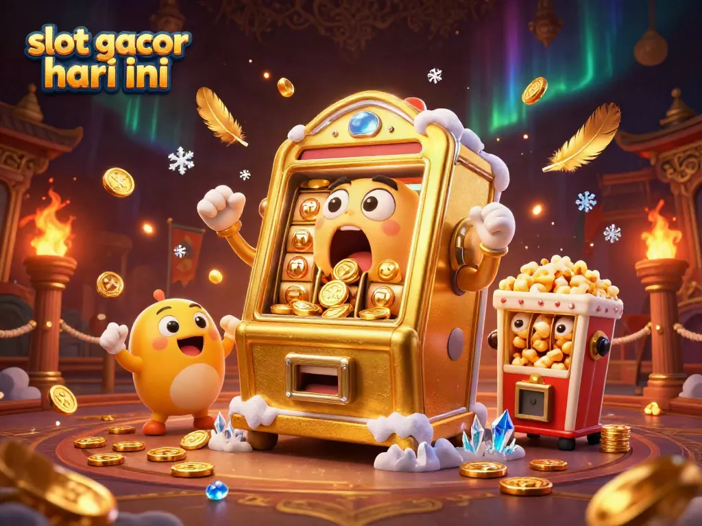 Engage with the exciting world of slot gacor hari ini as a golden slot machine hits a jackpot, surrounded by cheering baby machines and festive elements.