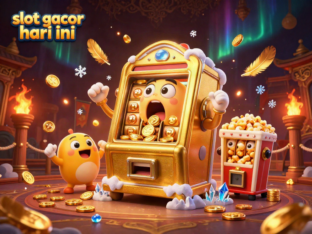 Engage with the exciting world of slot gacor hari ini as a golden slot machine hits a jackpot, surrounded by cheering baby machines and festive elements.