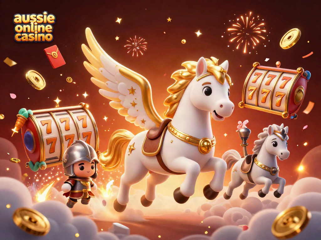 Aussie online casino scene with a celestial horse, knight, and dynamic slot elements.